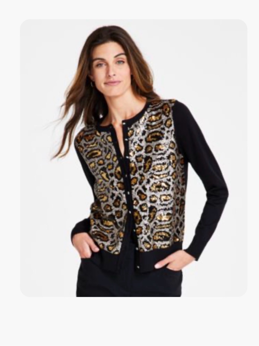 JM Collection Women's Leopard Sequin Party Cardigan Sweater